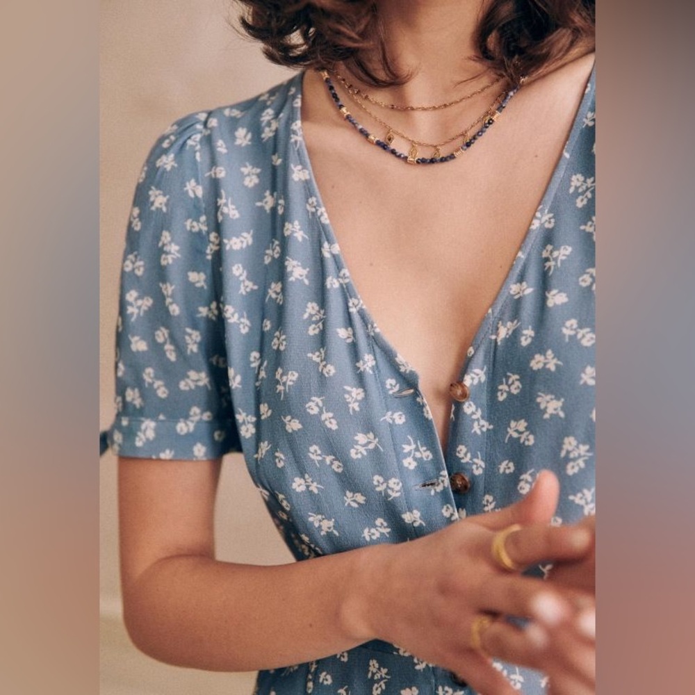Sézane Vic Dress Mini Flowers in Blue White FR 44 / US 12 - Picture 5 of 12